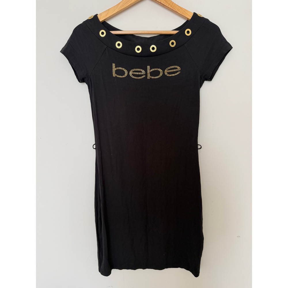 bebe Mini Dress Women XS Studded Logo Grommet Black Excellent